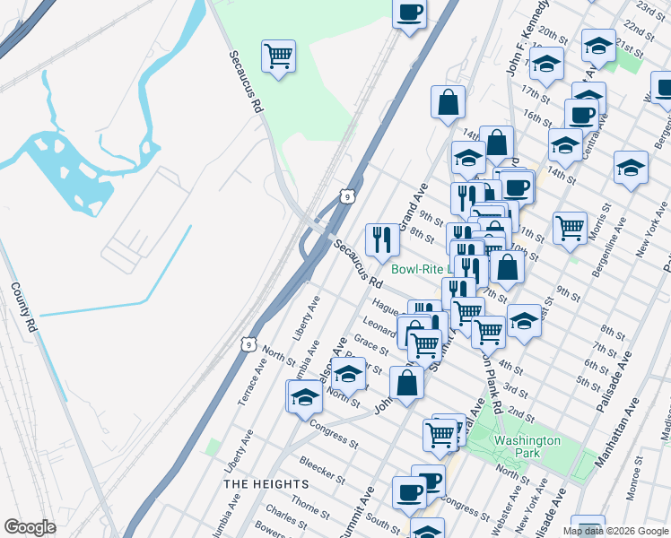 map of restaurants, bars, coffee shops, grocery stores, and more near in North Bergen