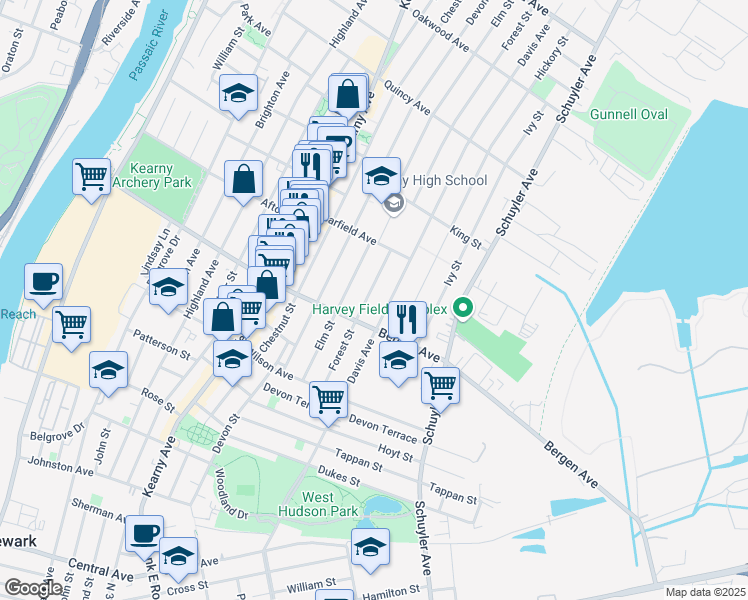 map of restaurants, bars, coffee shops, grocery stores, and more near 153 Forest Street in Kearny