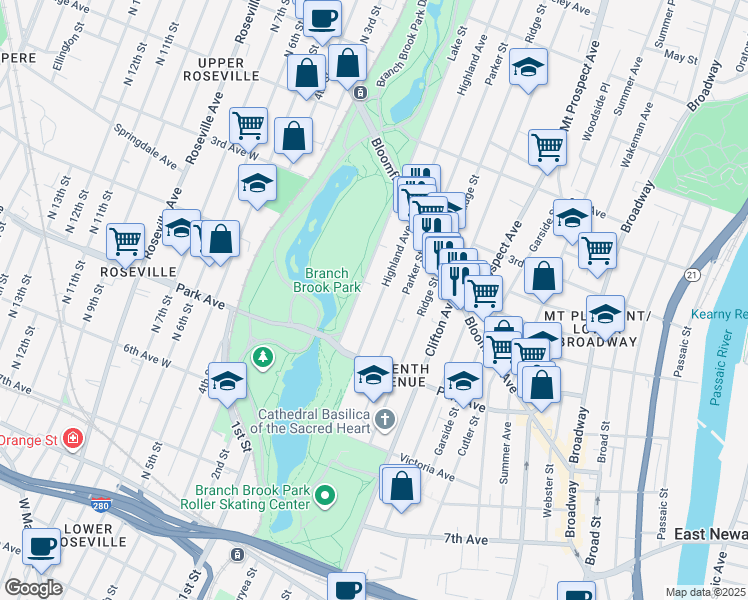 map of restaurants, bars, coffee shops, grocery stores, and more near 257 Lake Street in Newark