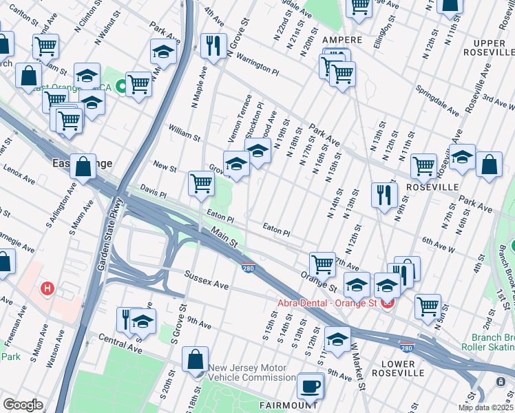 map of restaurants, bars, coffee shops, grocery stores, and more near 1 Fellowship Cir in East Orange