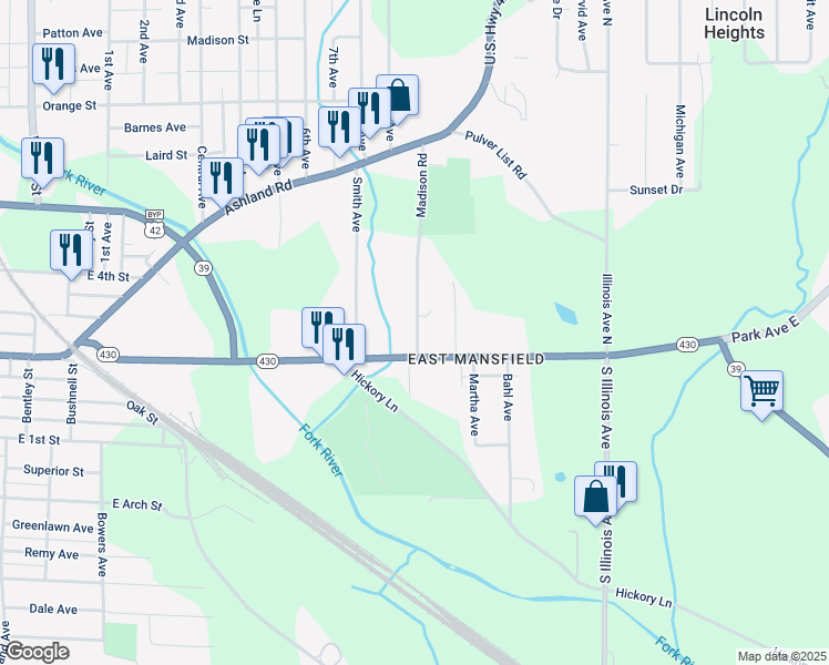map of restaurants, bars, coffee shops, grocery stores, and more near 52 Madison Road in Mansfield