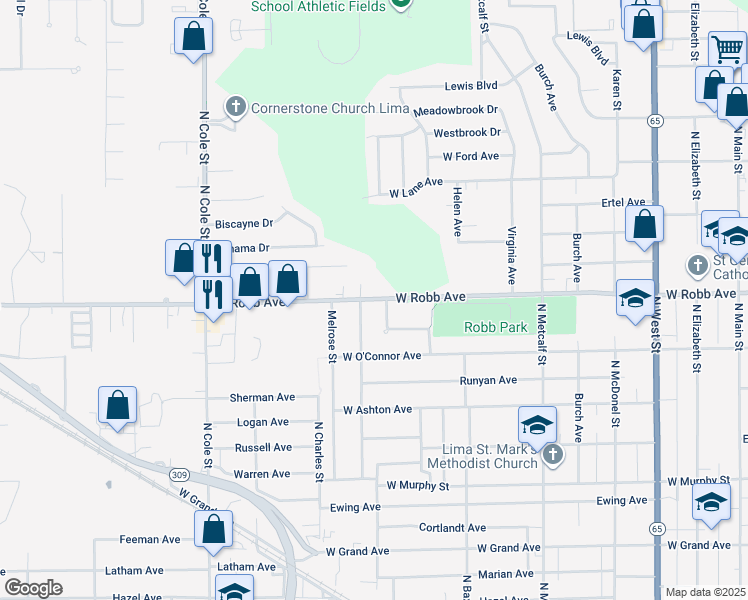 map of restaurants, bars, coffee shops, grocery stores, and more near 800 West Robb Avenue in Lima
