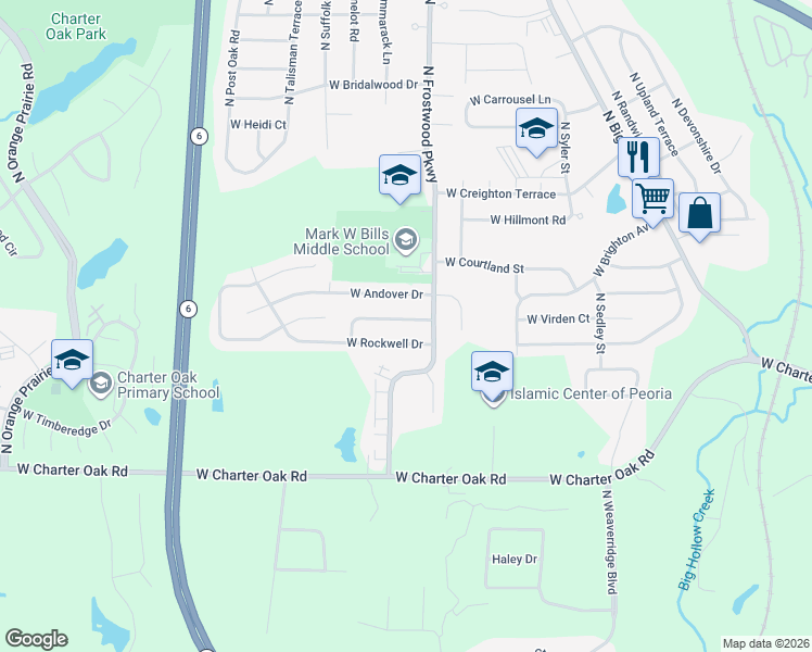 map of restaurants, bars, coffee shops, grocery stores, and more near 4324 West Andover Drive in Peoria