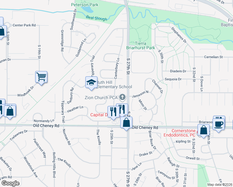 map of restaurants, bars, coffee shops, grocery stores, and more near 2601 Surrey Court in Lincoln