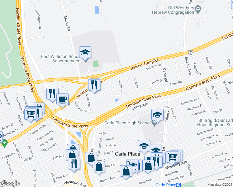 map of restaurants, bars, coffee shops, grocery stores, and more near 185 Parkway Drive in Westbury