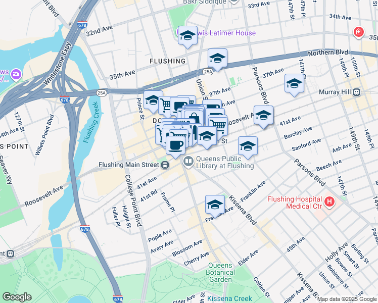 map of restaurants, bars, coffee shops, grocery stores, and more near 136-32 Roosevelt Avenue in Queens