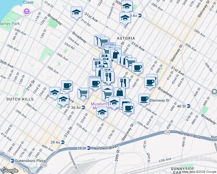 map of restaurants, bars, coffee shops, grocery stores, and more near 32-81 32nd Street in Queens