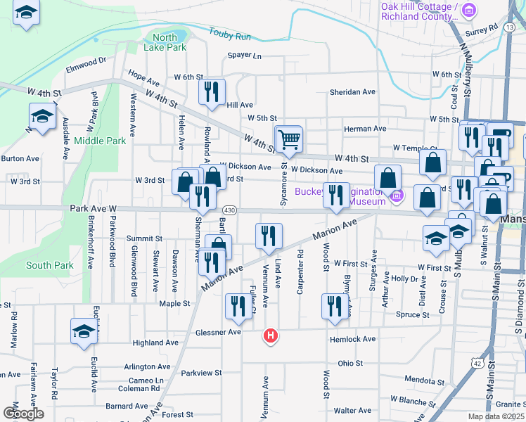 map of restaurants, bars, coffee shops, grocery stores, and more near 414 Park Avenue West in Mansfield