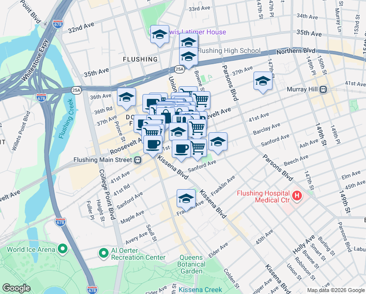 map of restaurants, bars, coffee shops, grocery stores, and more near 136-80 41st Avenue in Queens