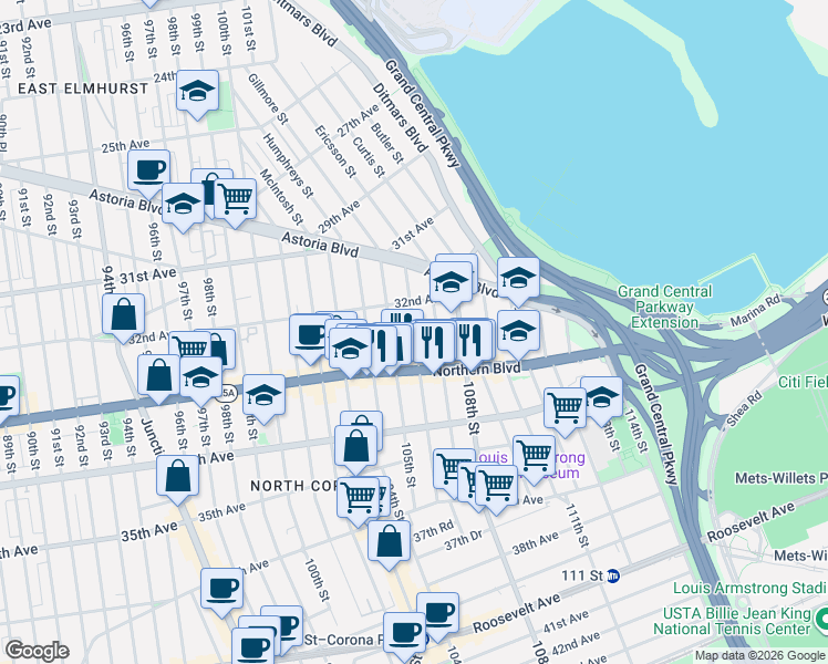 map of restaurants, bars, coffee shops, grocery stores, and more near 3209 106th Street in Queens
