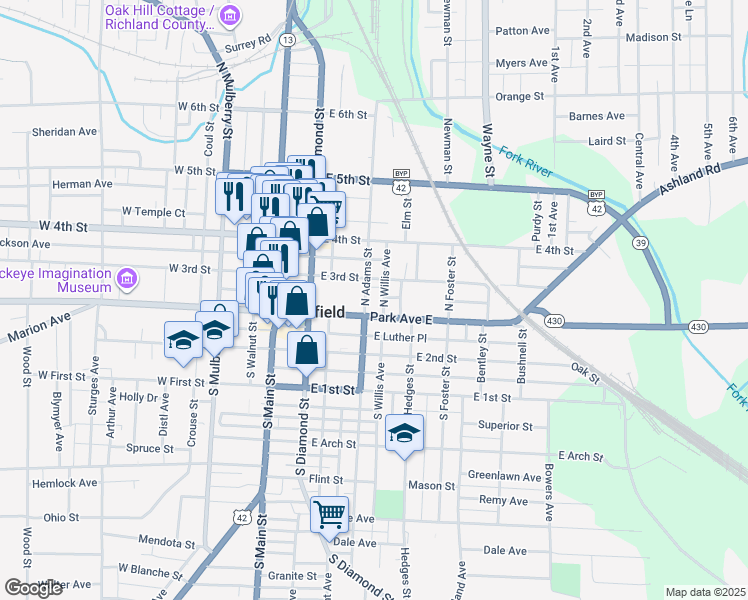map of restaurants, bars, coffee shops, grocery stores, and more near 103 East 3rd Street in Mansfield