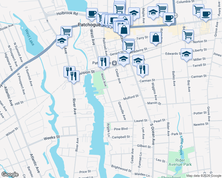 map of restaurants, bars, coffee shops, grocery stores, and more near 48 Amity Street in Patchogue