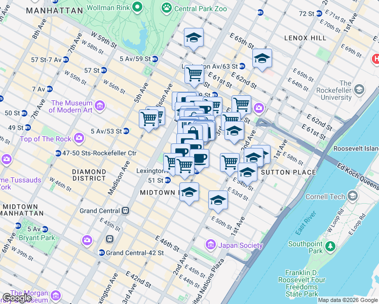 map of restaurants, bars, coffee shops, grocery stores, and more near 160 East 53rd Street in New York