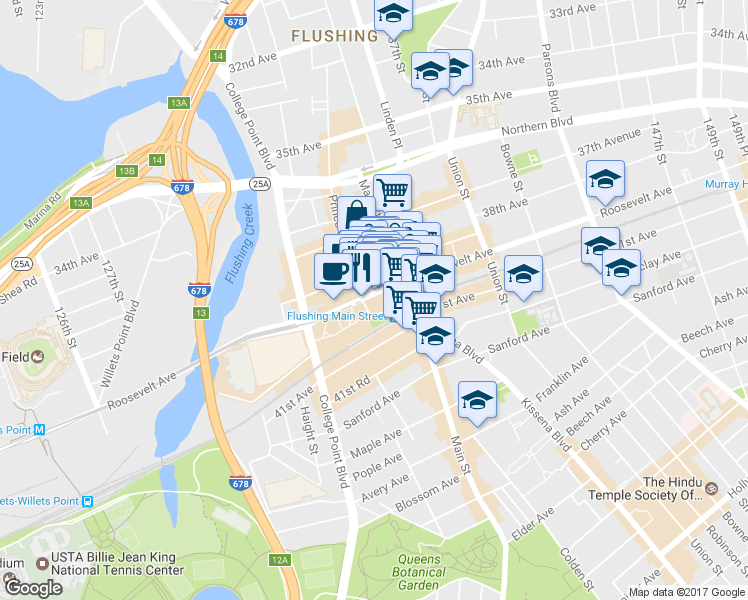 map of restaurants, bars, coffee shops, grocery stores, and more near 135-16 Roosevelt Avenue in Queens