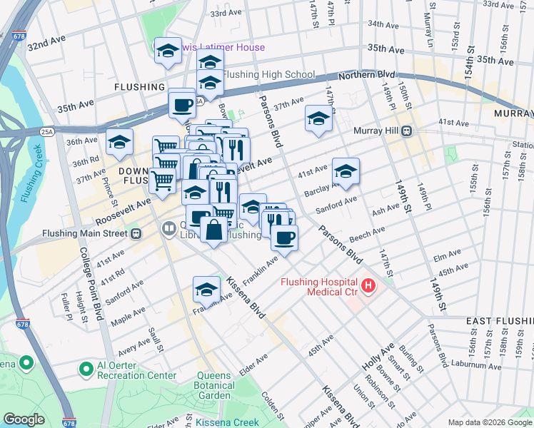 map of restaurants, bars, coffee shops, grocery stores, and more near 143-06 Barclay Avenue in Queens