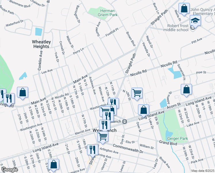 map of restaurants, bars, coffee shops, grocery stores, and more near 37 Mccue Avenue in Wyandanch