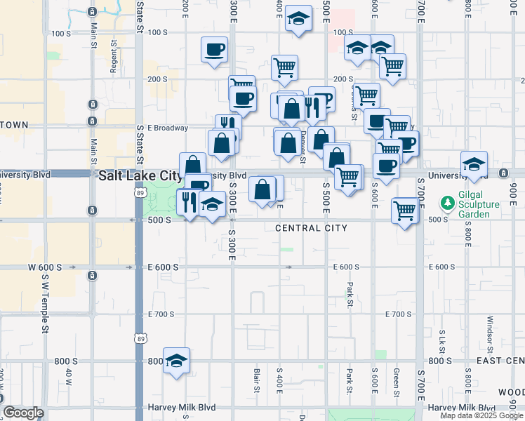 map of restaurants, bars, coffee shops, grocery stores, and more near 439 Blair Street East in Salt Lake City