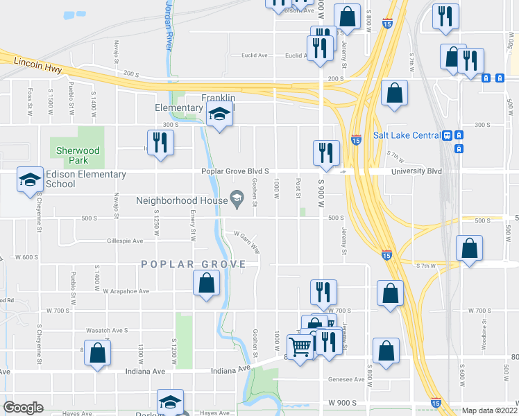 map of restaurants, bars, coffee shops, grocery stores, and more near 469 Goshen Street in Salt Lake City