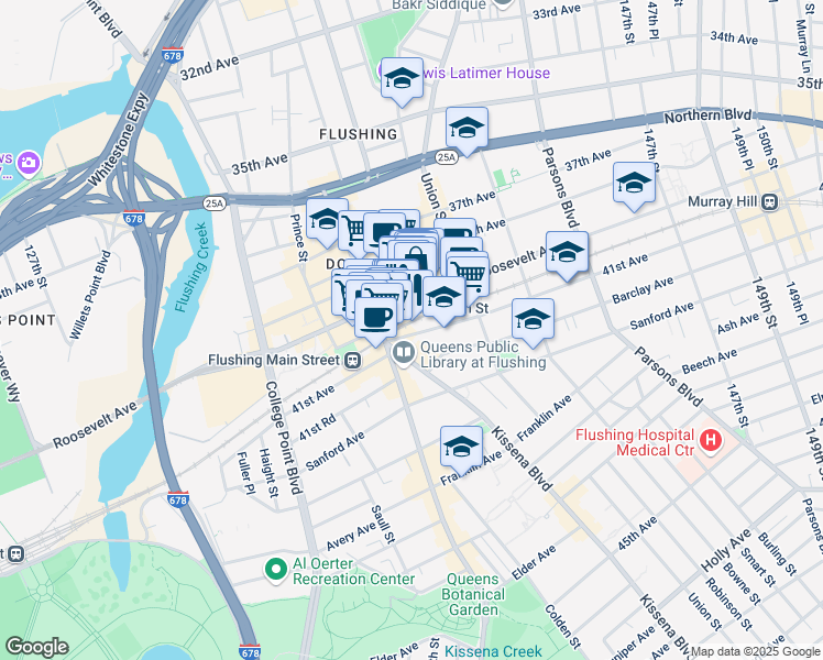 map of restaurants, bars, coffee shops, grocery stores, and more near 136-32 Roosevelt Avenue in Queens