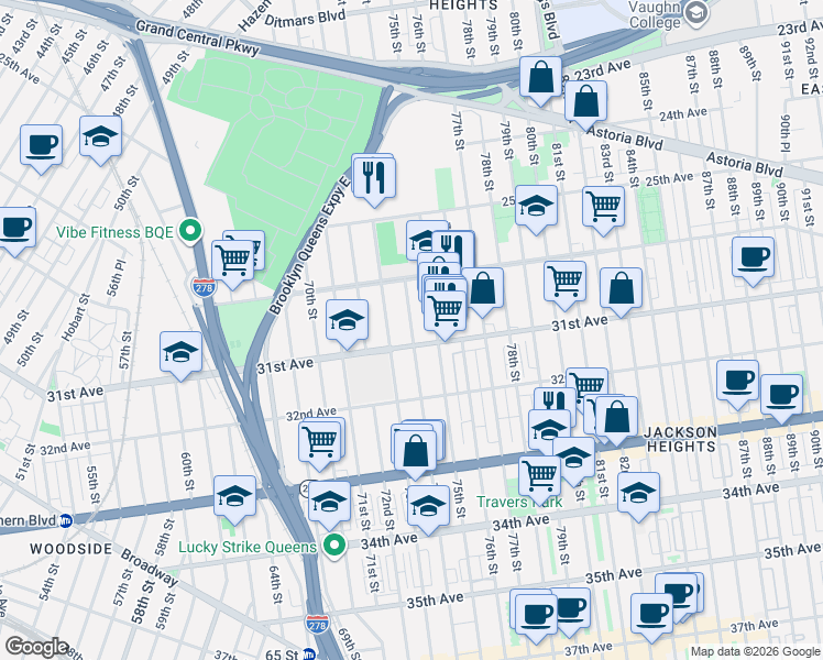 map of restaurants, bars, coffee shops, grocery stores, and more near 30-30 75th Street in Queens