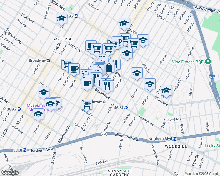 map of restaurants, bars, coffee shops, grocery stores, and more near 31-49 41st Street in Queens