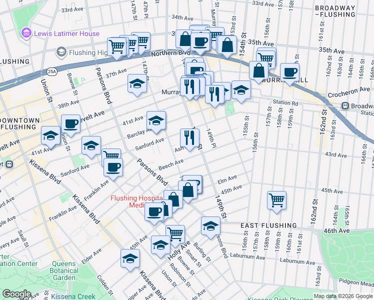 map of restaurants, bars, coffee shops, grocery stores, and more near 154-53 Ash Avenue in Queens