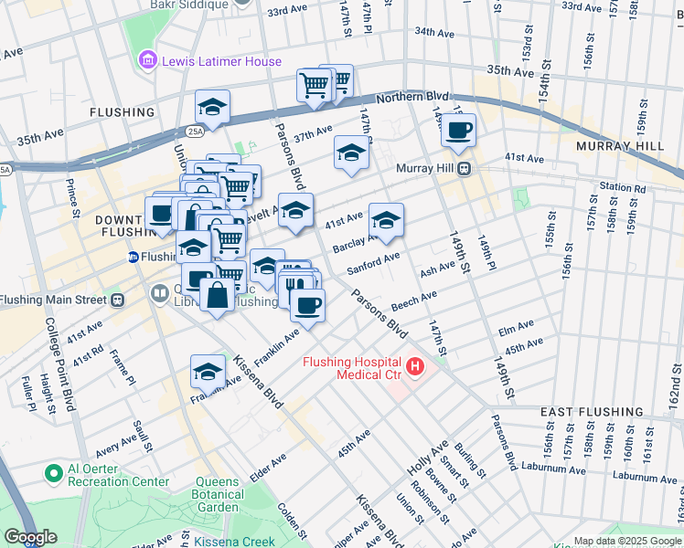 map of restaurants, bars, coffee shops, grocery stores, and more near in Queens