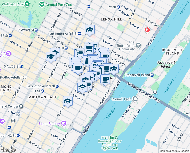 map of restaurants, bars, coffee shops, grocery stores, and more near 348 East 58th Street in New York