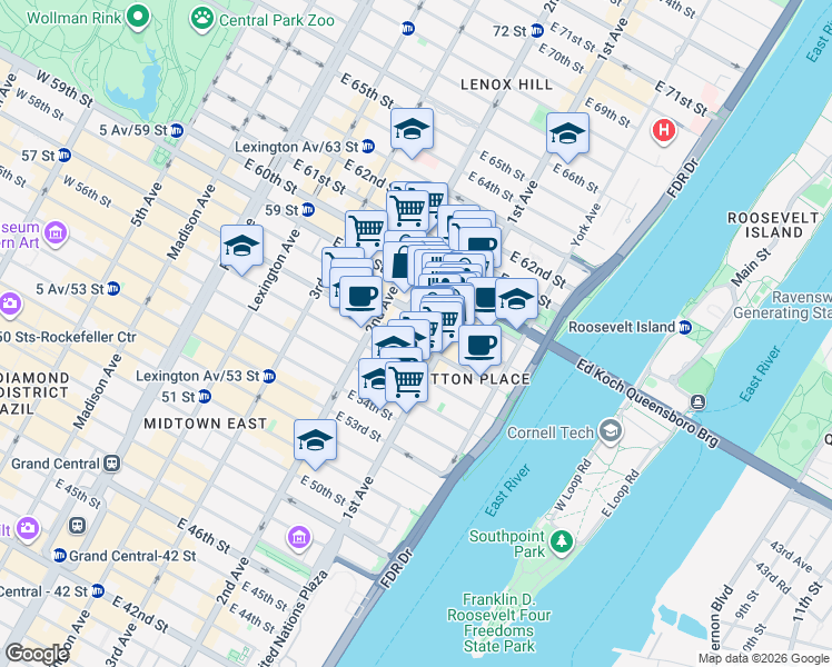 map of restaurants, bars, coffee shops, grocery stores, and more near 331 East 58th Street in New York
