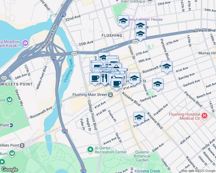 map of restaurants, bars, coffee shops, grocery stores, and more near 13430 39th Avenue in Queens