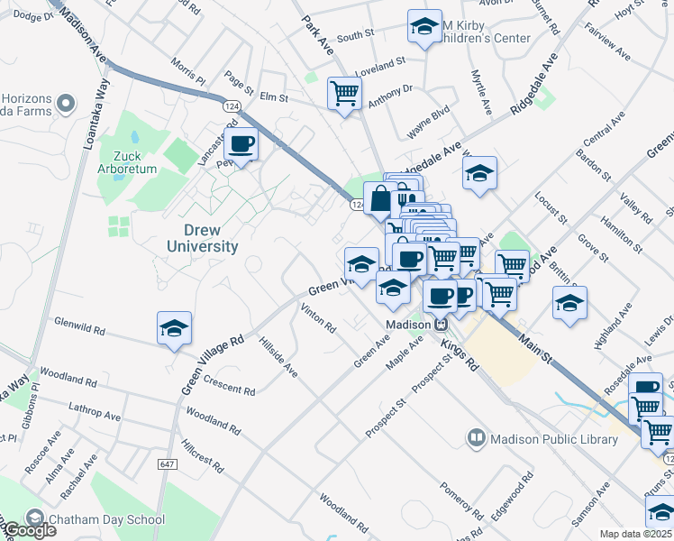 map of restaurants, bars, coffee shops, grocery stores, and more near 39 Green Village Road in Madison