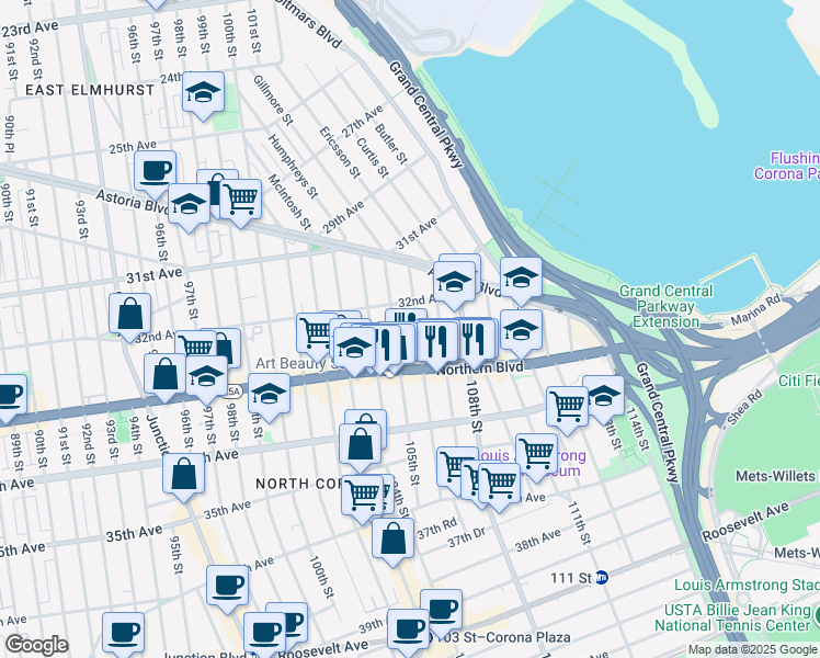 map of restaurants, bars, coffee shops, grocery stores, and more near 3209 106th Street in Queens