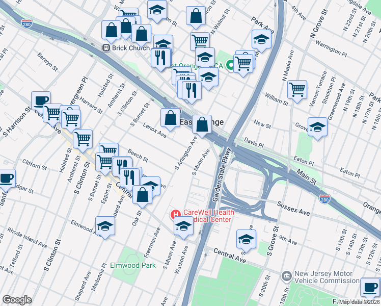 map of restaurants, bars, coffee shops, grocery stores, and more near 52-54 South Arlington Avenue in East Orange