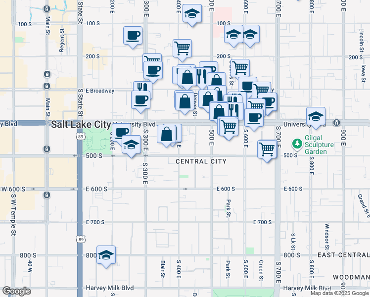 map of restaurants, bars, coffee shops, grocery stores, and more near 443 South 400 East in Salt Lake City