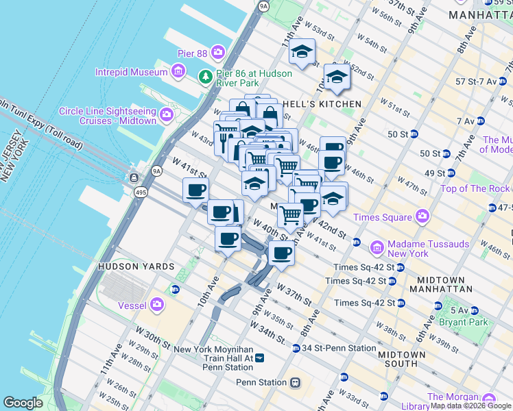 map of restaurants, bars, coffee shops, grocery stores, and more near 10th Ave & W 41st St in New York