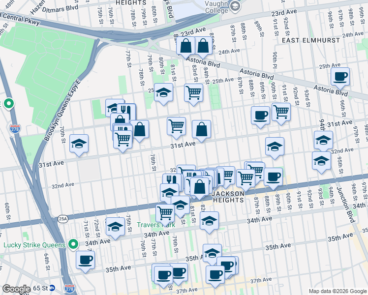map of restaurants, bars, coffee shops, grocery stores, and more near 30-51 81st Street in Queens