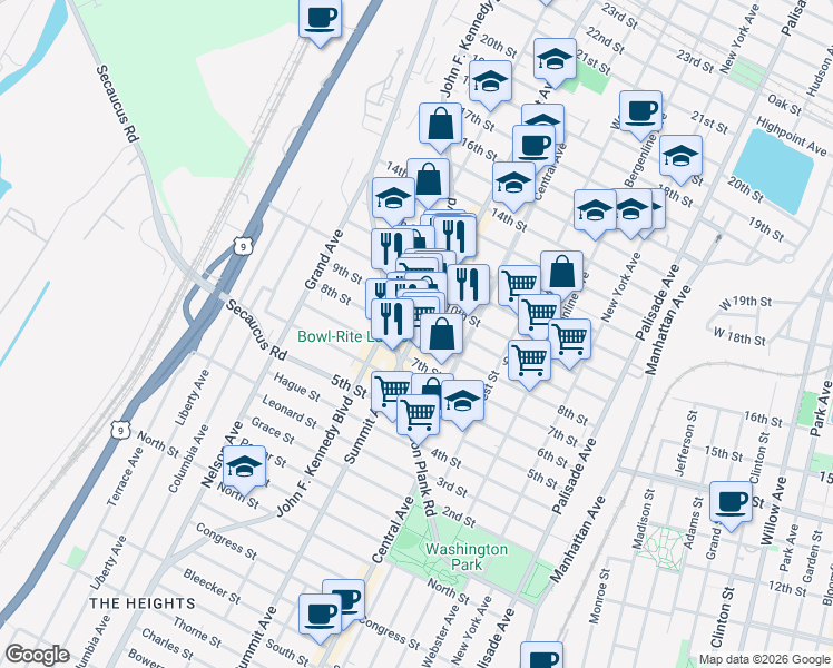 map of restaurants, bars, coffee shops, grocery stores, and more near 1003-1007 Summit Avenue in Union City