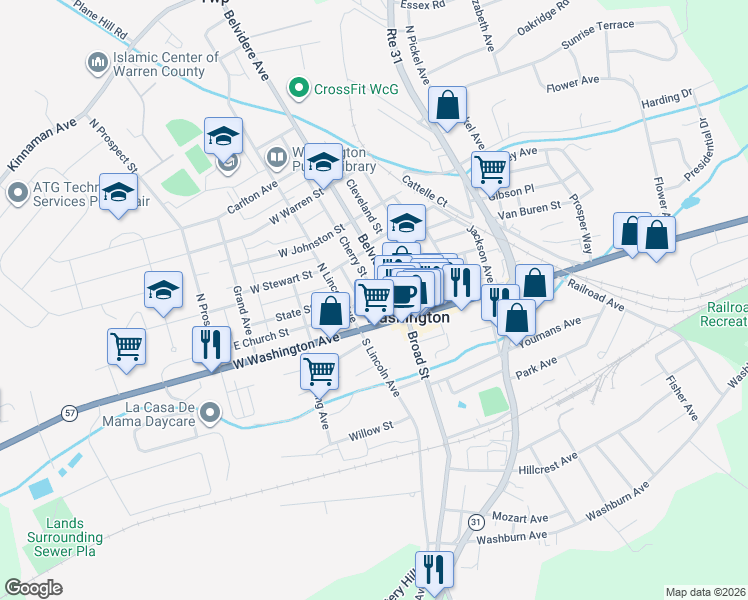 map of restaurants, bars, coffee shops, grocery stores, and more near 101 Belvidere Avenue in Washington