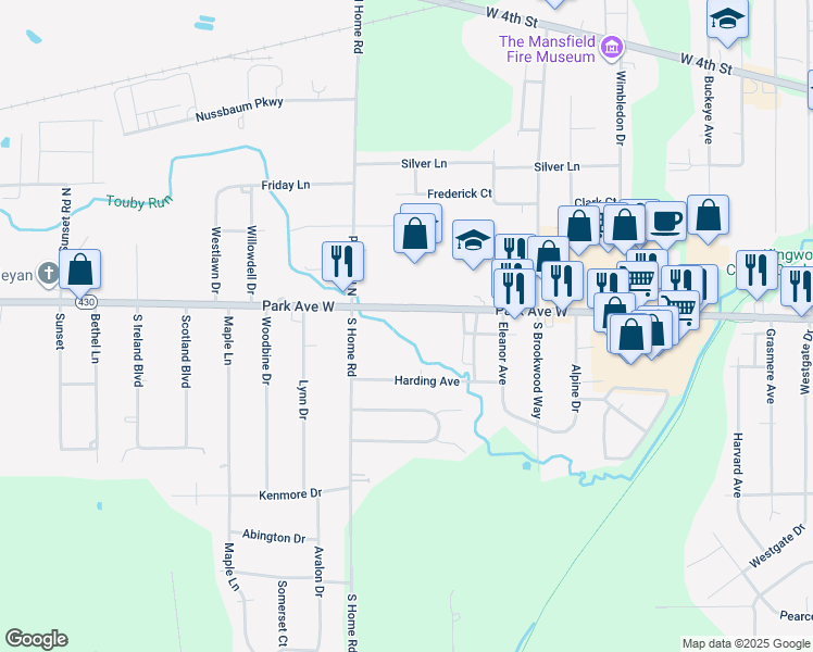 map of restaurants, bars, coffee shops, grocery stores, and more near 1495 Park Avenue West in Ontario