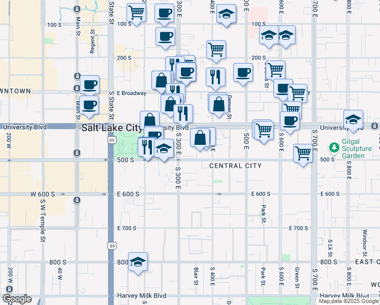 map of restaurants, bars, coffee shops, grocery stores, and more near 475 300 East in Salt Lake City