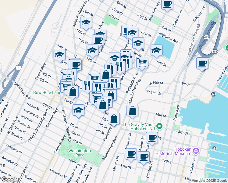 map of restaurants, bars, coffee shops, grocery stores, and more near 416 12th Street in Union City