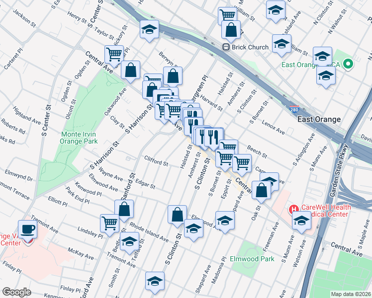 map of restaurants, bars, coffee shops, grocery stores, and more near 235 Halsted Street in East Orange