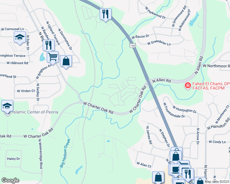 map of restaurants, bars, coffee shops, grocery stores, and more near 2900 West War Memorial Drive in Peoria