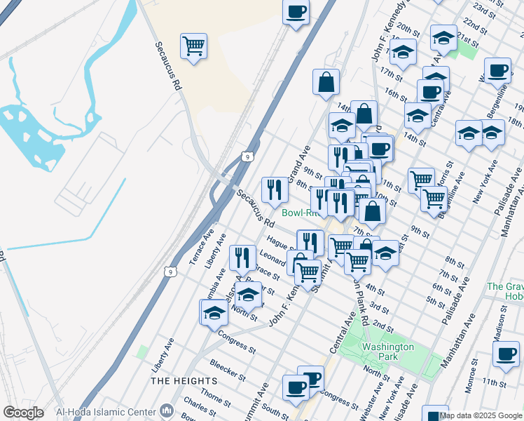 map of restaurants, bars, coffee shops, grocery stores, and more near 1517 6th Street in North Bergen