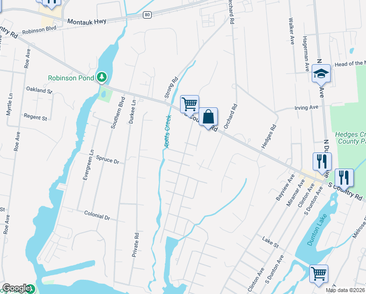 map of restaurants, bars, coffee shops, grocery stores, and more near 12 Roosevelt Boulevard in East Patchogue