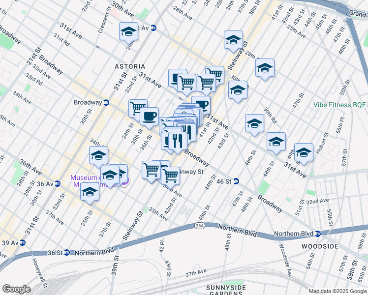 map of restaurants, bars, coffee shops, grocery stores, and more near 31-91 Steinway Street in Queens