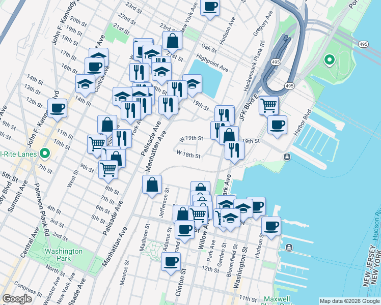 map of restaurants, bars, coffee shops, grocery stores, and more near 53 Chestnut Street in Weehawken