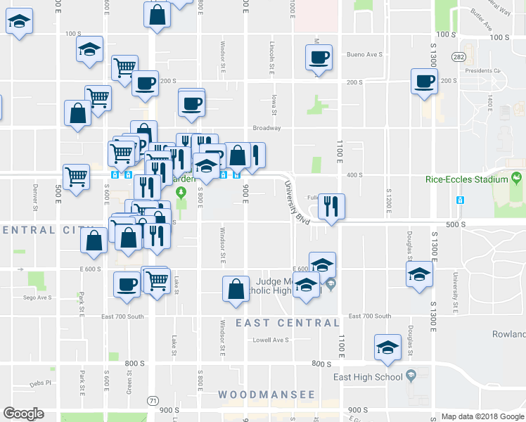 map of restaurants, bars, coffee shops, grocery stores, and more near 450 Fletcher Court in Salt Lake City