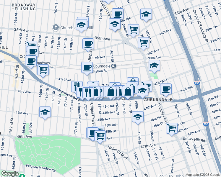 map of restaurants, bars, coffee shops, grocery stores, and more near 190-07 42nd Avenue in Queens