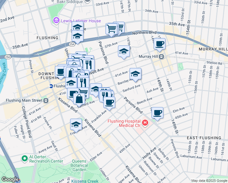 map of restaurants, bars, coffee shops, grocery stores, and more near in Queens